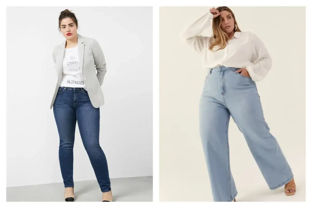 Quel jean quand on a des hanches et des cuisses ? Deux options stylées : un jean slim bleu foncé et un jean large bleu clair.