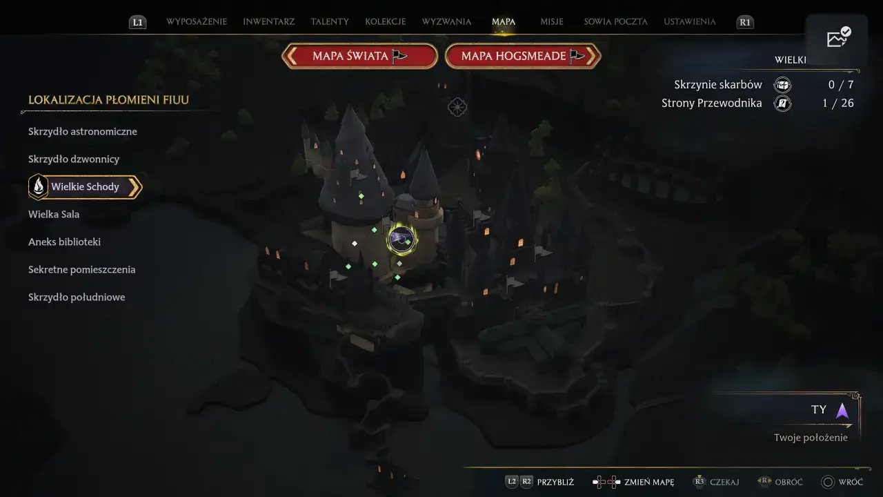 Mapa Hogwartu z zaznaczonymi Wielkimi Schodami. Gracze zastanawiają się, ile godzin zajmie ukończenie Hogwarts Legacy.