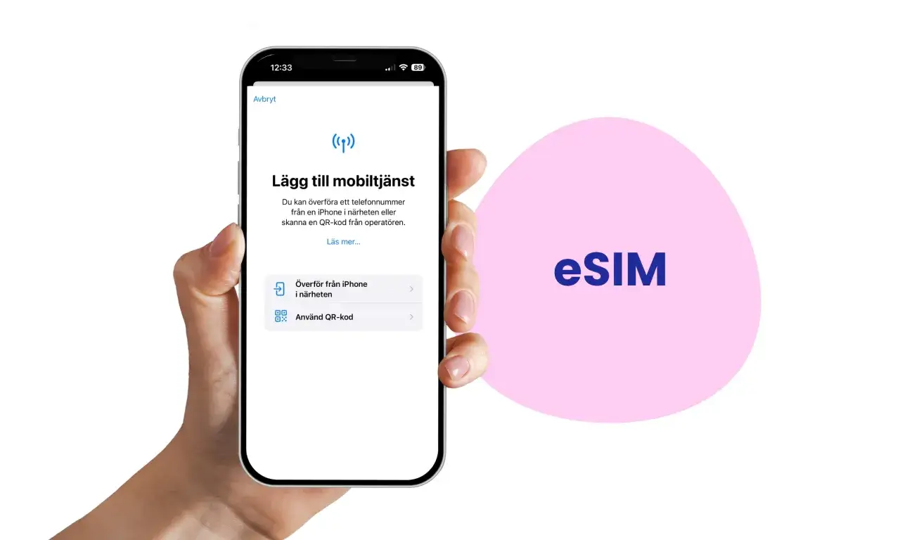 L&auml;gg till mobiltj&auml;nst p&aring; din iPhone. Du kan &ouml;verf&ouml;ra fr&aring;n en annan iPhone eller anv&auml;nda QR-kod f&ouml;r att aktivera eSIM.