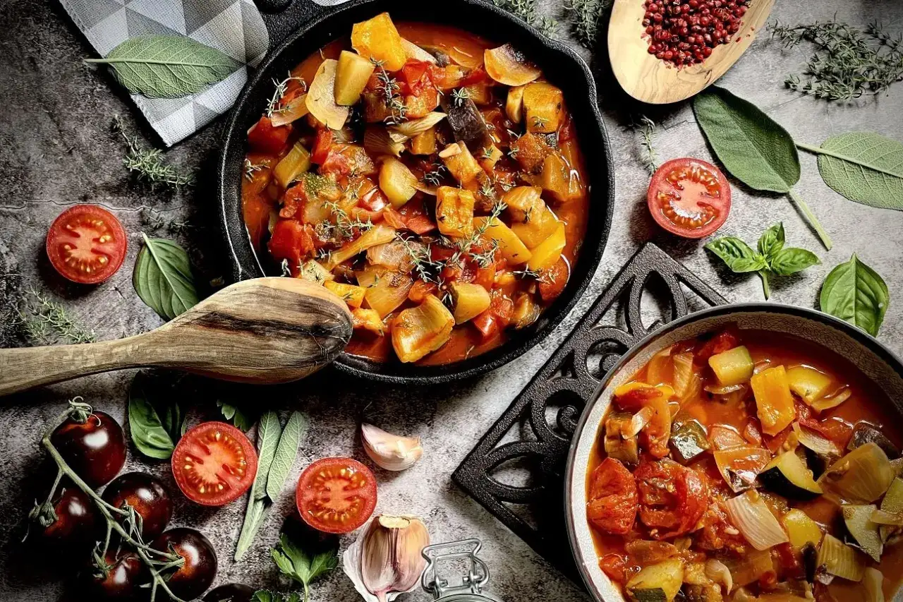 Ein k&ouml;stliches Ratatouille-Rezept, zubereitet mit frischem Gem&uuml;se wie Tomaten, Zucchini und Auberginen, garniert mit Kr&auml;utern.