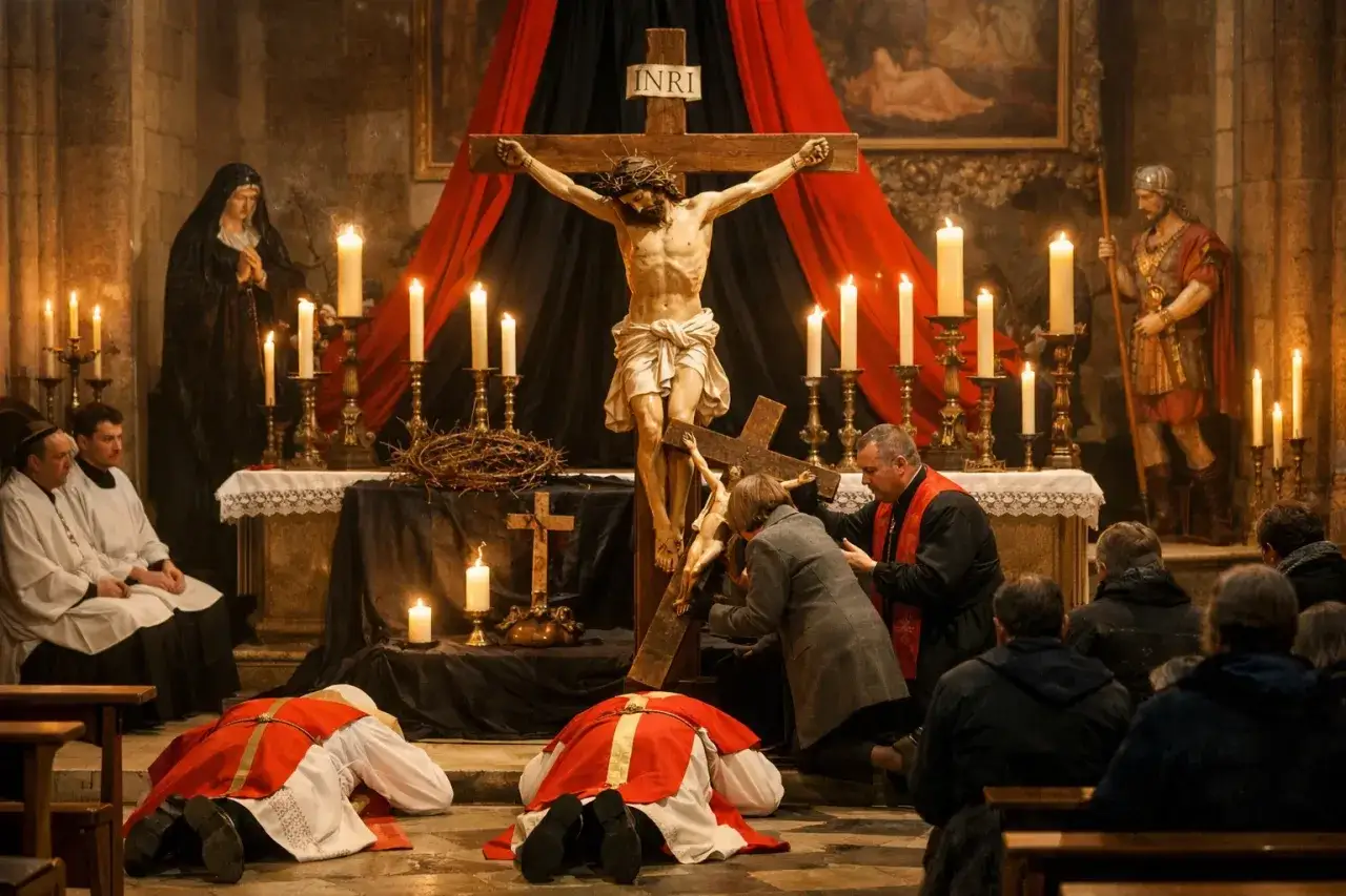 Feierliche Szene am Karfreitag, die an die Namensherkunft des Tages erinnert. Gläubige knien vor dem Kreuz.