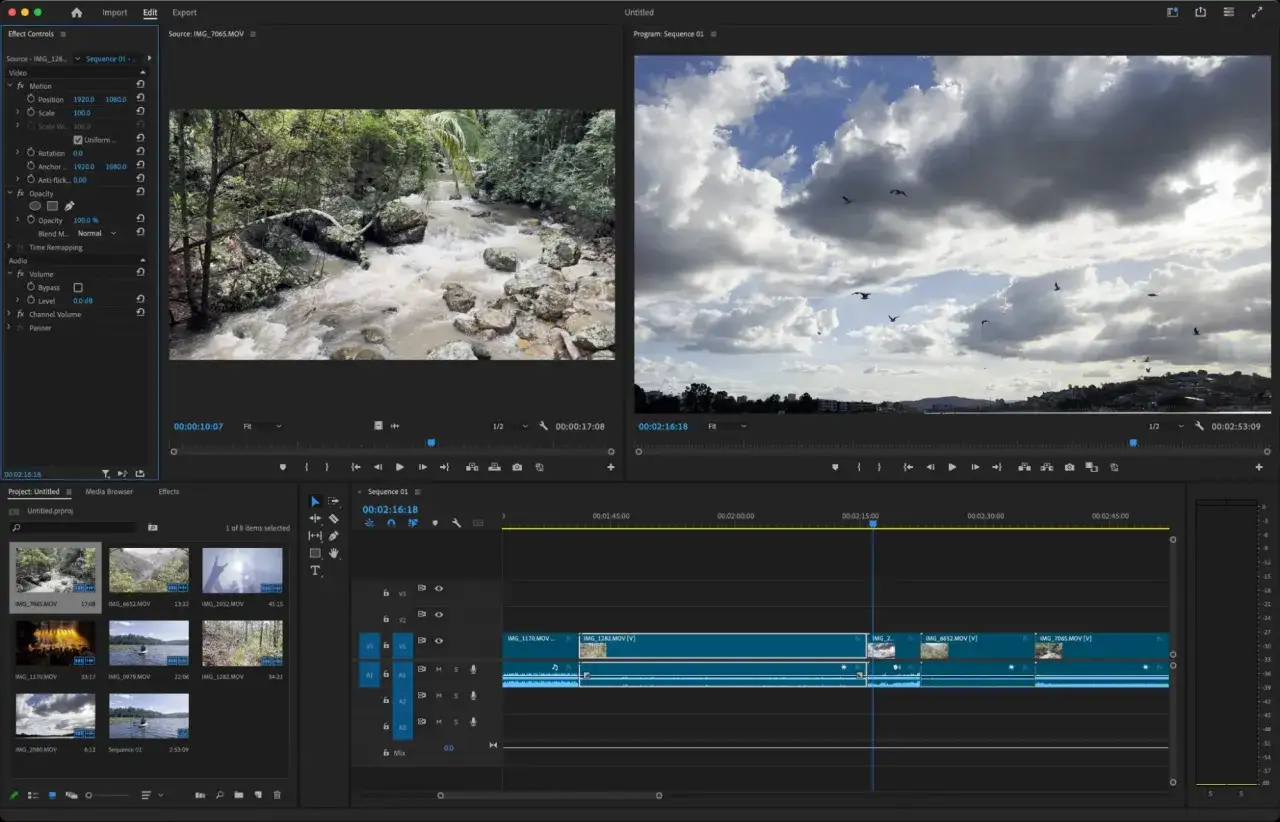 A video editing timeline, likely Adobe Premiere Pro, shows clips of a waterfall and birds in the sky. This interface is where users compare davinci resolve vs after effects for their projects.