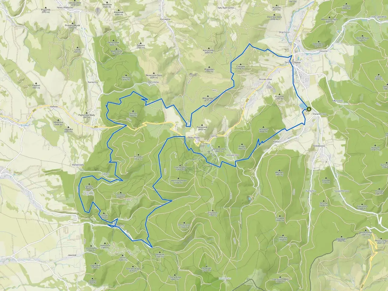 Mapa z zaznaczonymi trasami rowerowymi w Śląskiem, prowadzącymi przez malownicze góry i doliny.
