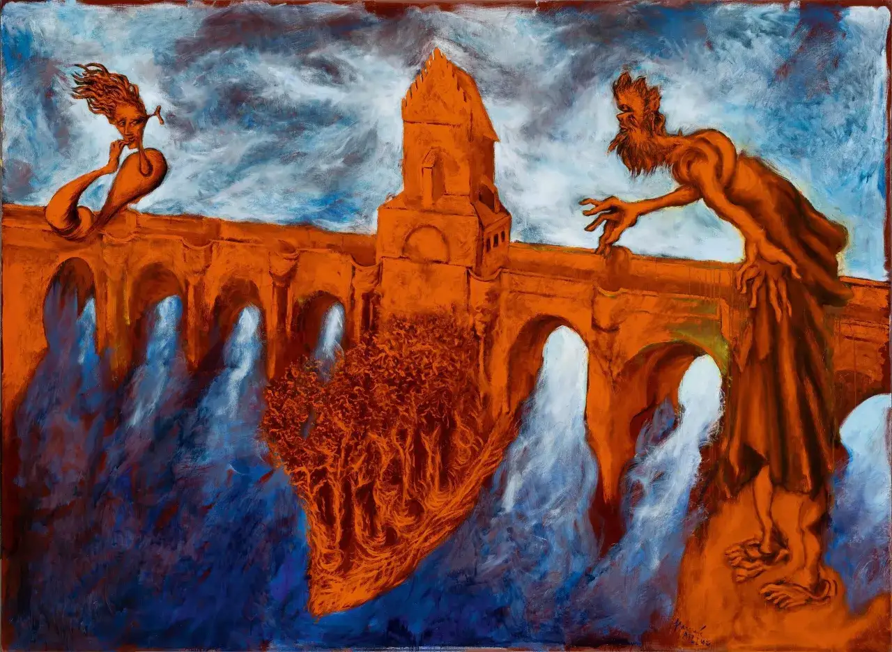 Surréaliste pont de Gérard Garouste, avec des figures mythiques et une tour. L'eau bleue tourbillonnante contraste avec les formes orangées.