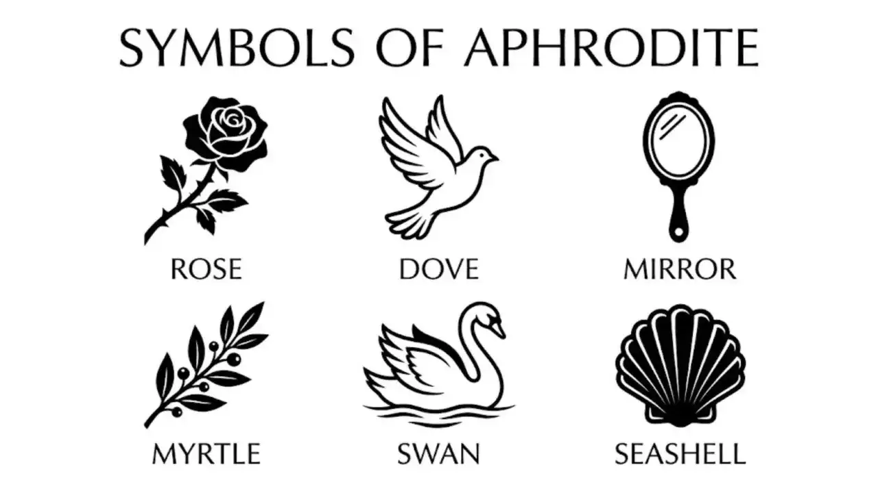 Les symboles de la déesse de l'amour : rose, colombe, miroir, myrte, cygne, coquillage.