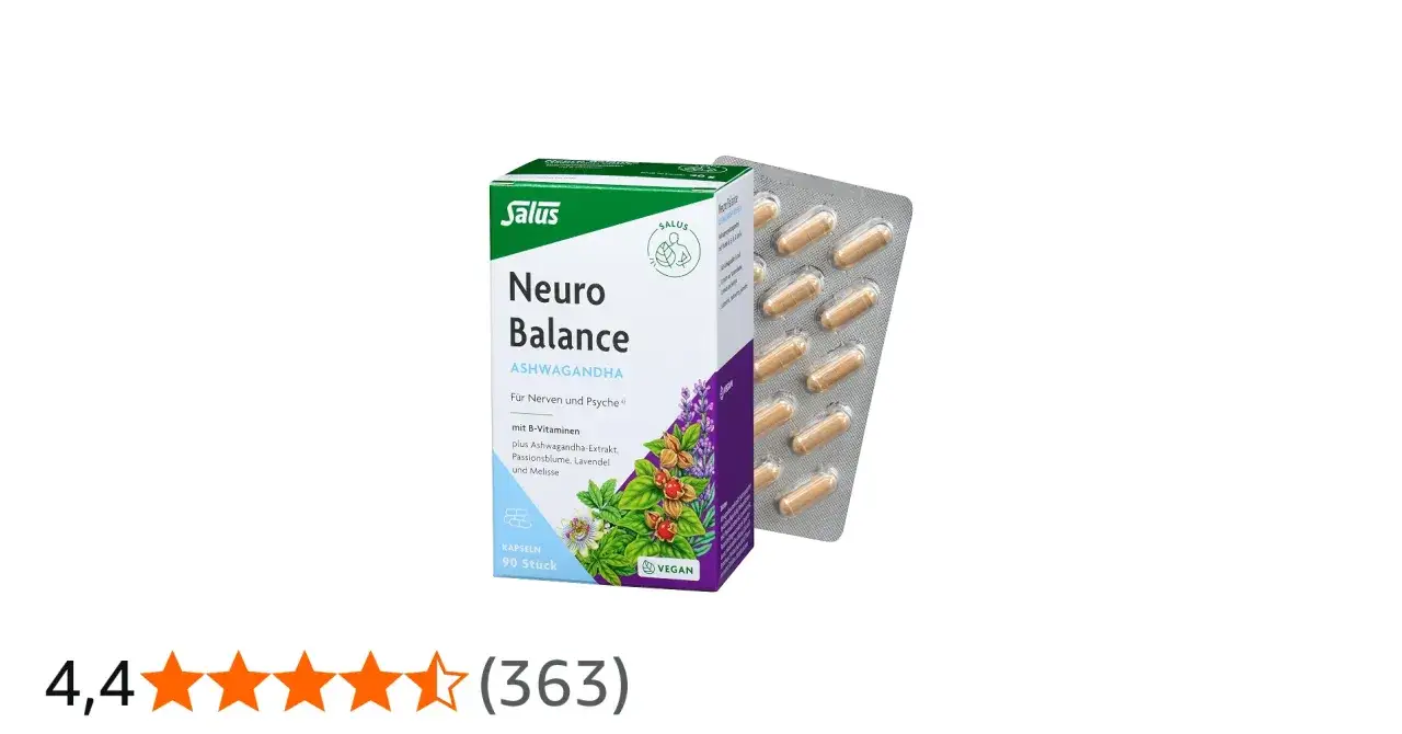 Salus Neuro Balance mit Ashwagandha für Nerven und Psyche. Kapseln im Blister. Keine negativen Ashwagandha Nebenwirkungen Psyche bekannt.