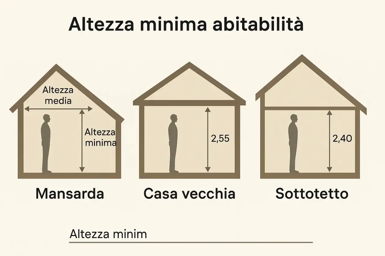 Illustrazione mostra l'altezza minima abitabilità in mansarda, casa vecchia (2,55m) e sottotetto (2,40m).