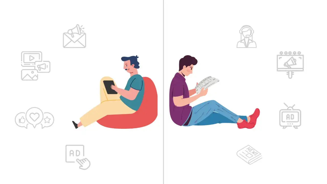 Dwóch mężczyzn, jeden z tabletem, drugi z gazetą. Obok ikony social media i reklamy. Offline co to znaczy? To świat bez internetu.