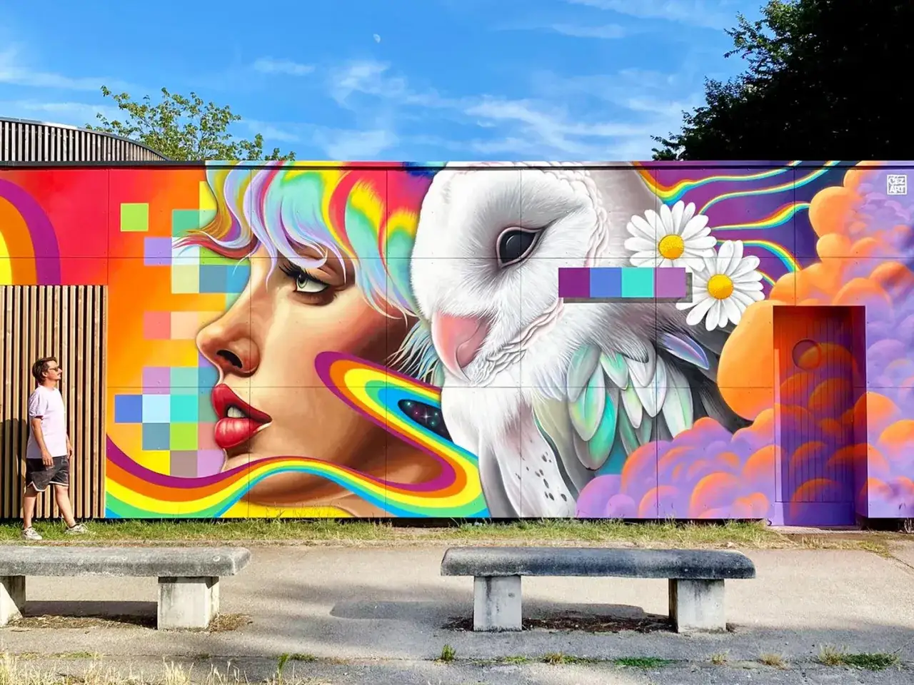 Un homme admire une fresque murale vibrante, un portrait de femme aux cheveux arc-en-ciel et un hibou blanc orn&eacute; de marguerites. Une &oelig;uvre de street art d'origine, pleine de couleurs vives.