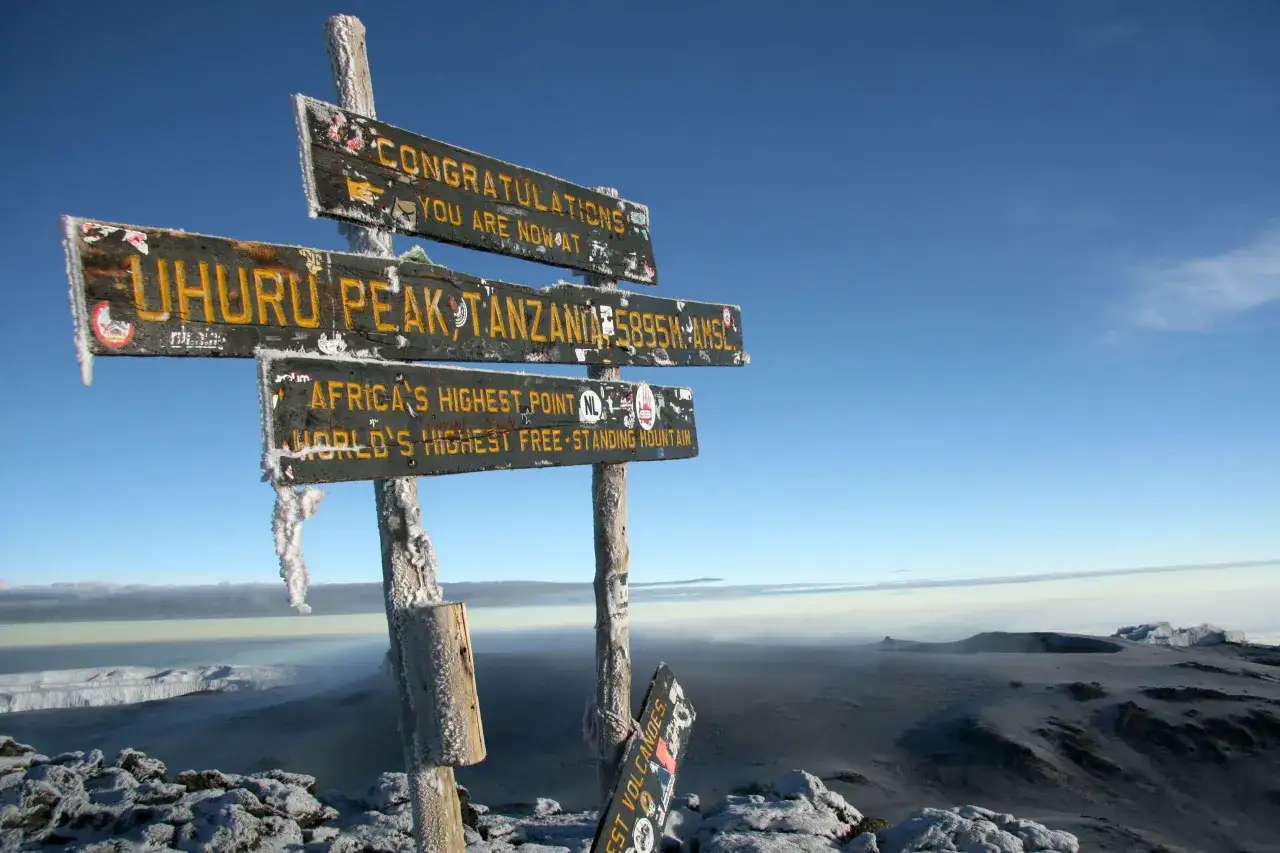Na szczycie Uhuru Peak, gdzie jest Kilimandżaro, tablica informuje: