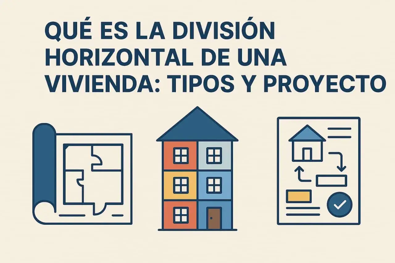Ilustración sobre la escritura de división horizontal de una vivienda, mostrando planos, una casa de varios pisos y un diagrama de proyecto.