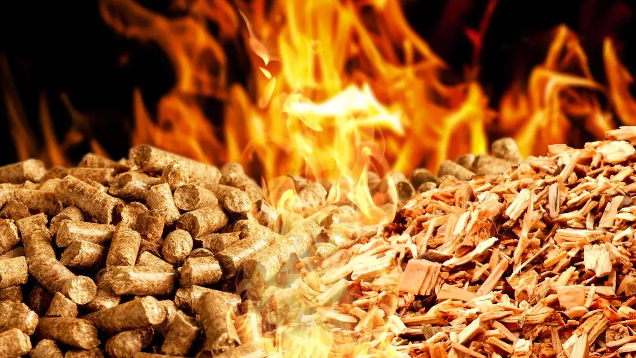 Holzpellets und Holzschnitzel vor lodernden Flammen – eine Darstellung von erneuerbarer Energie.