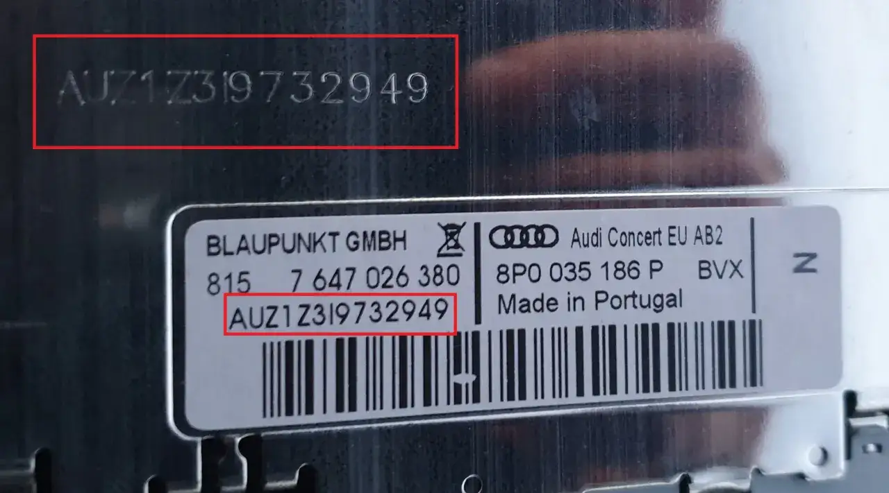 Numer seryjny radia Audi Concert EU AB2: AUZ1Z319732949. Ten kod jest kluczem, jak odkodować radio.