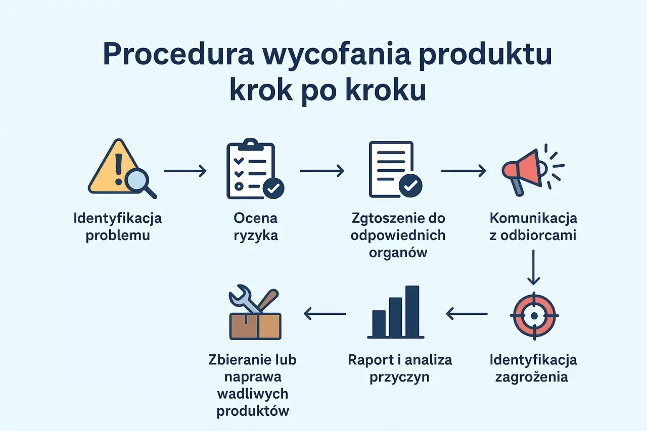 Schemat procedury wycofywania produktów z handlu: identyfikacja problemu, ocena ryzyka, zgłoszenie do organów, komunikacja z odbiorcami, identyfikacja zagrożenia, raport i analiza przyczyn, zbieranie/naprawa wadliwych produktów. Chroni prawa klienta.
