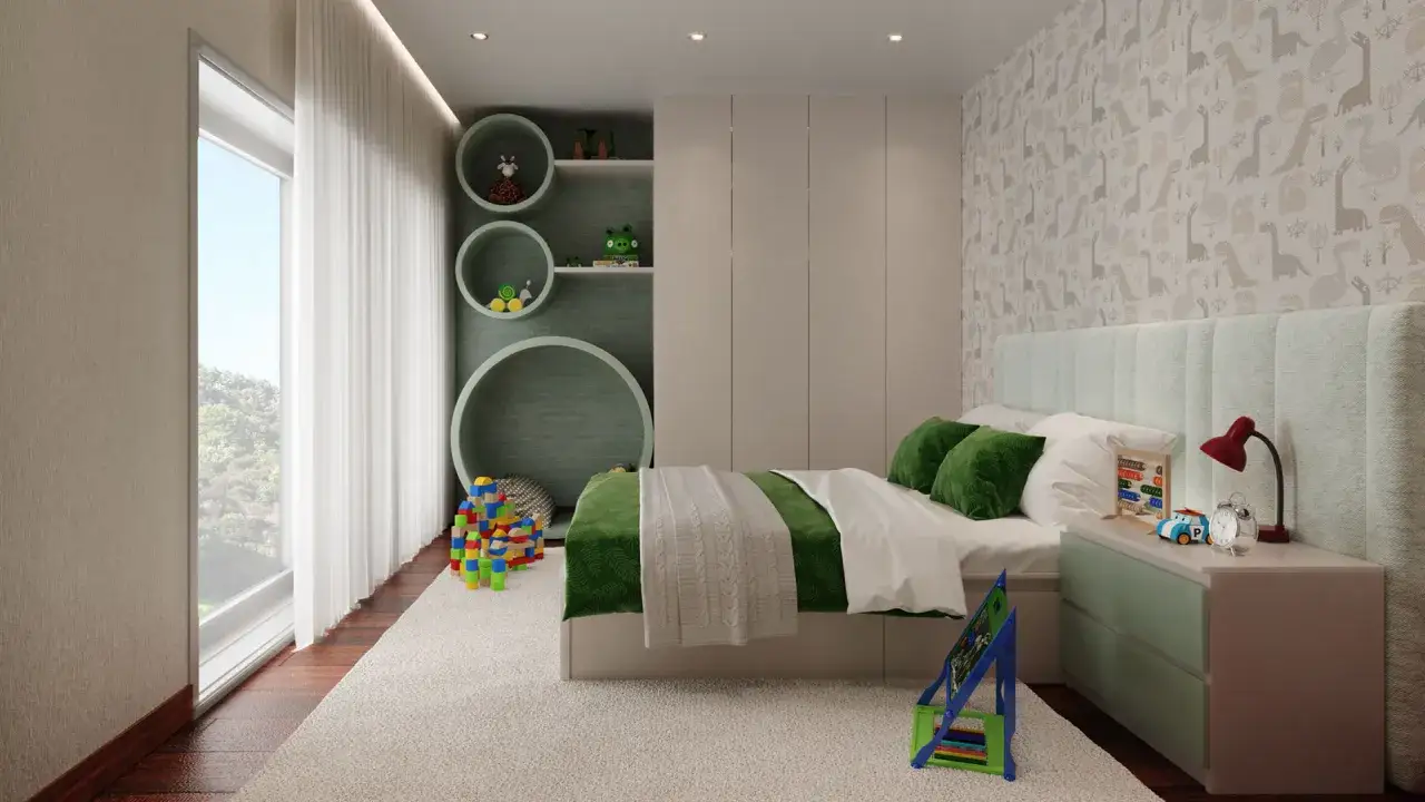 Habitaci&oacute;n verde pistacho y gris con cama, juguetes y un cabecero de dinosaurios.