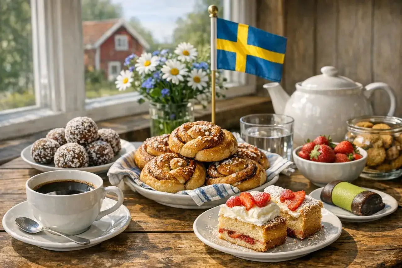 Fika med kaffe, kanelbullar, jordgubbstårta och en svensk flagga. En vit kaffekanna står redo.