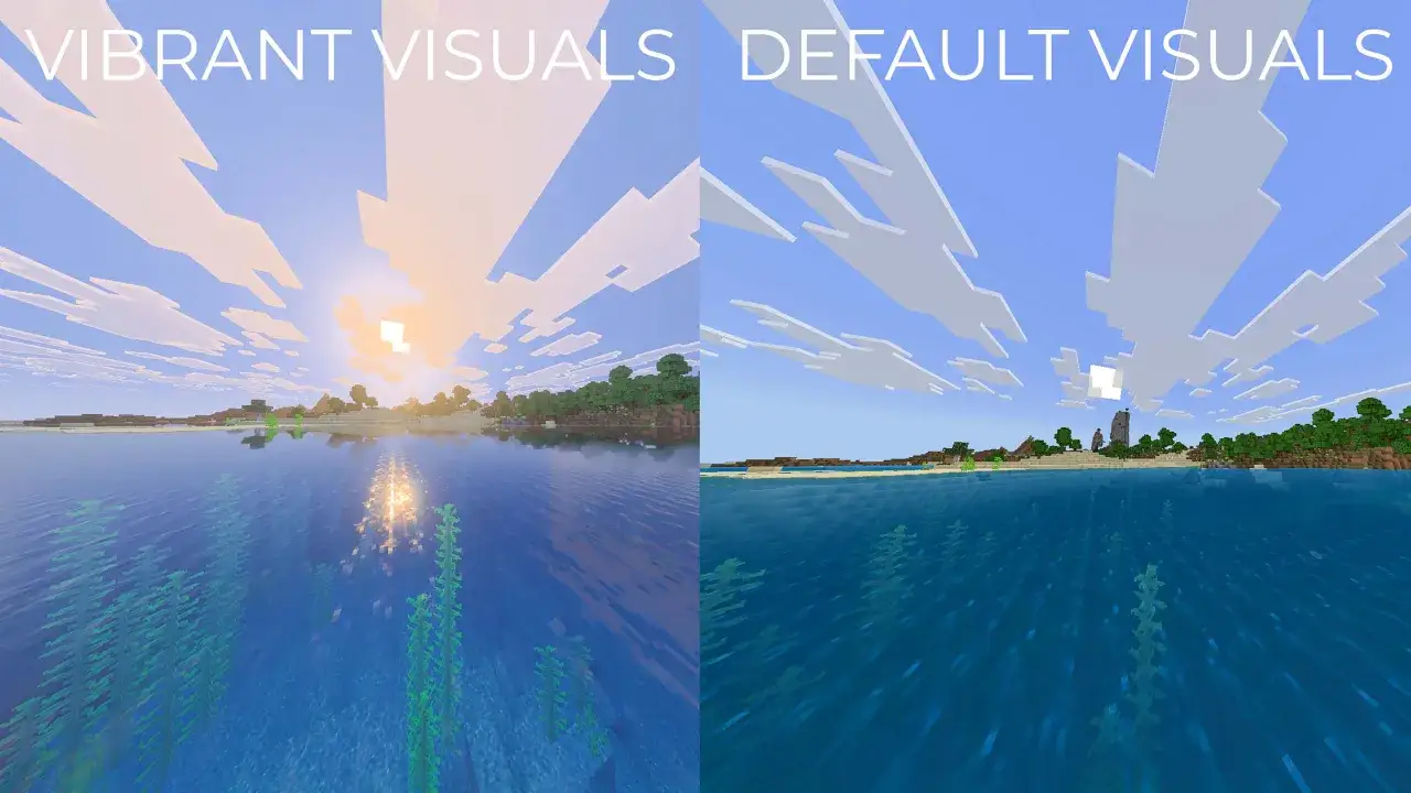 Porównanie Sildurs Vibrant Shaders z domyślnymi wizualizacjami w grze Minecraft. Po lewej stronie widać piękne, żywe kolory i realistyczne odbicia, po prawej standardowe, mniej szczegółowe.