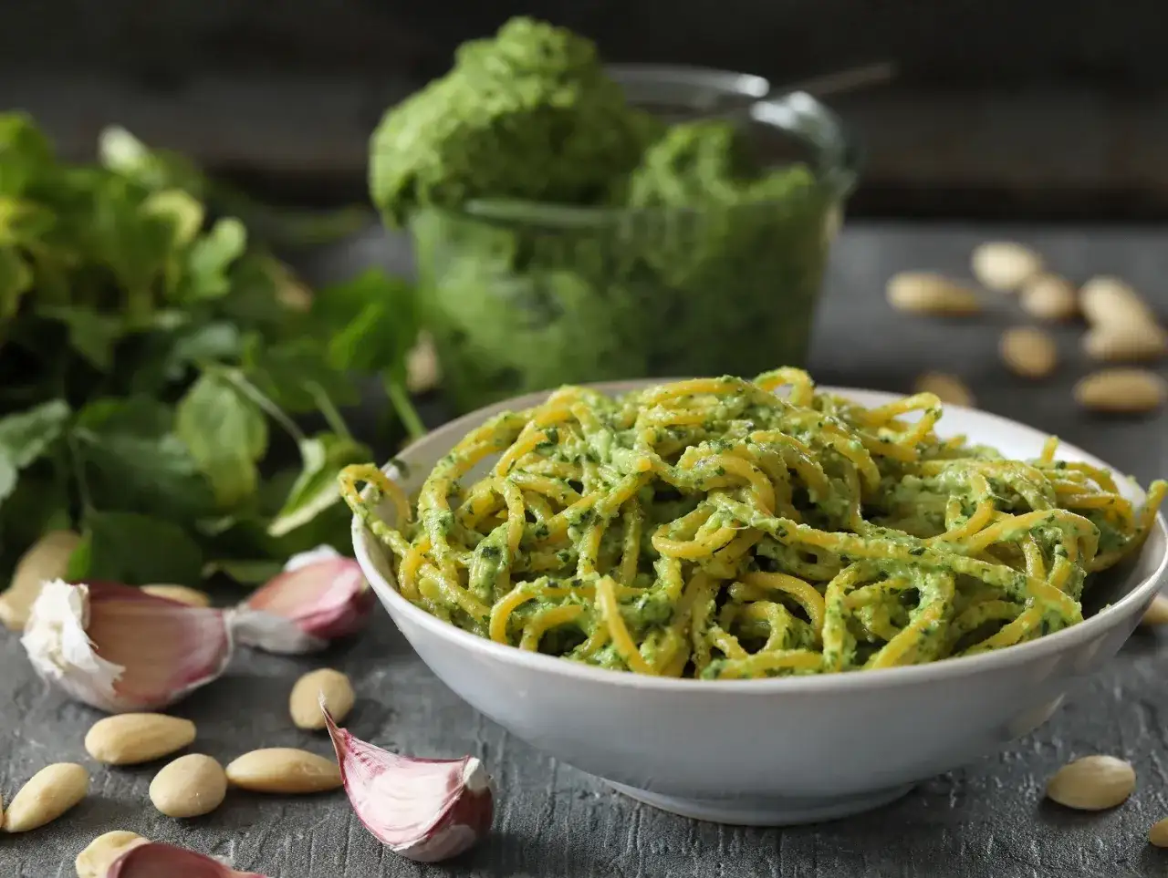 Miseczka spaghetti z aromatycznym pesto z pietruszki, czosnkiem i migdałami. W tle słoik pełen zielonego sosu.