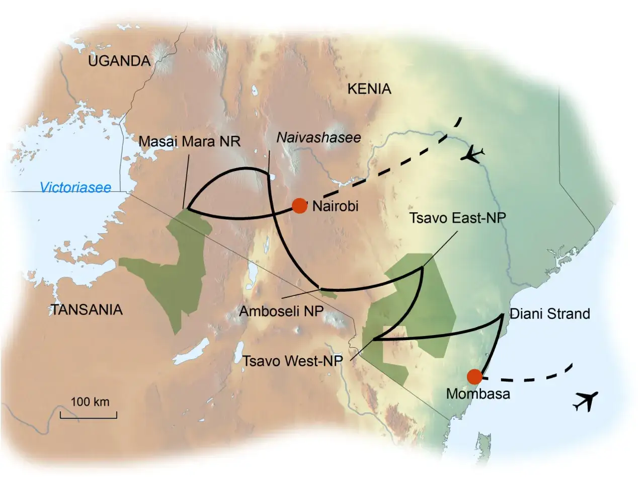 Karte von Kenia mit Nationalparks wie Masai Mara, Amboseli, Tsavo. Zeigt Routen von Nairobi und Mombasa. Ist Kenia sicher? Ja, für Safaris.