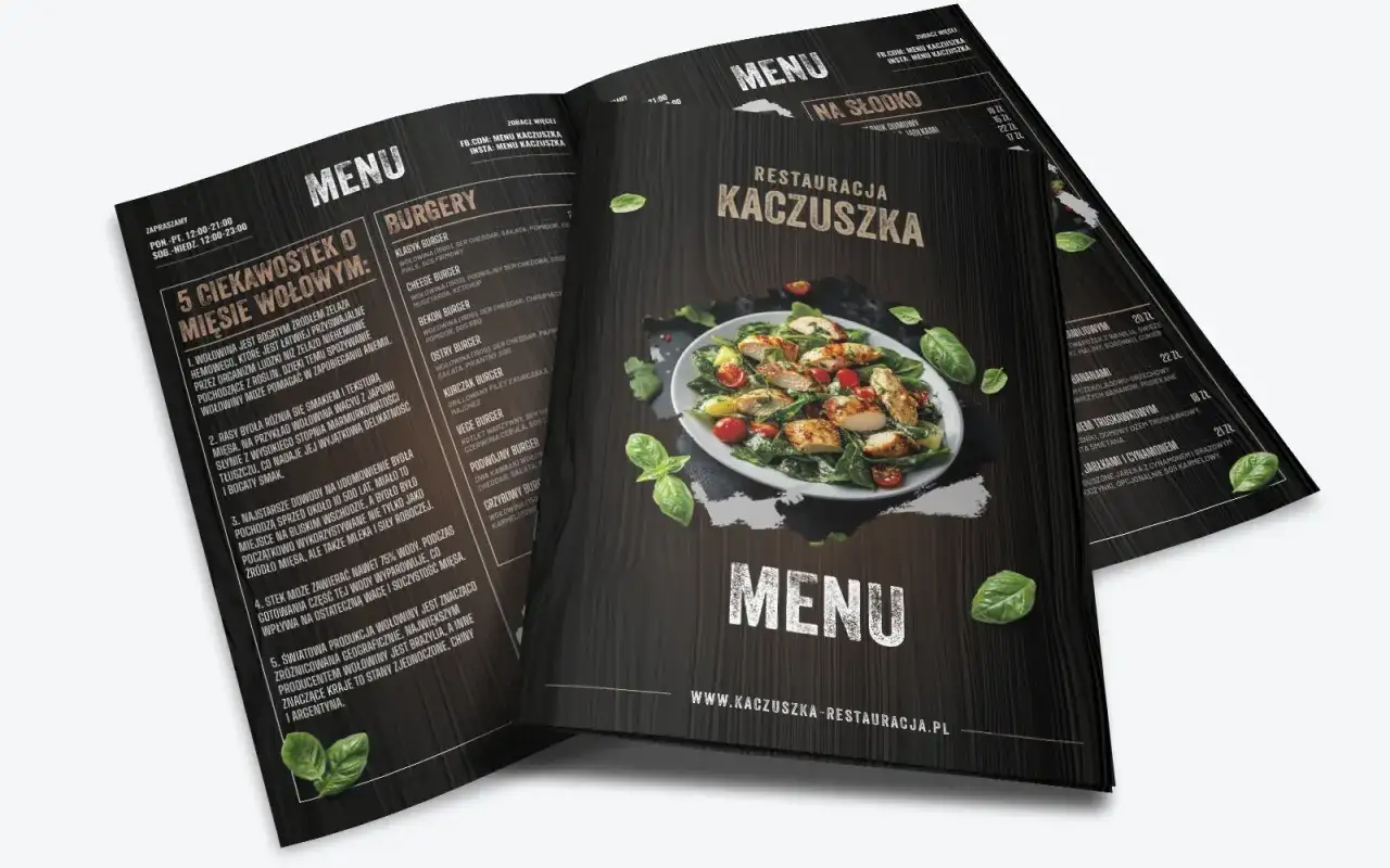 Menu restauracji Kaczuszka z daniami a la carte, w tym burgerami i deserami. Na pierwszym planie danie z kurczakiem i warzywami.