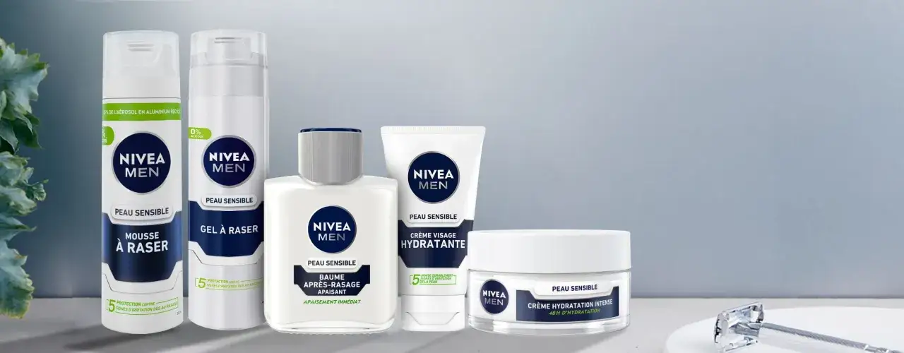 Gamme Nivea Men pour peau sensible : mousse, gel, baume après-rasage et crèmes hydratantes pour apaiser la peau irritée après rasage.