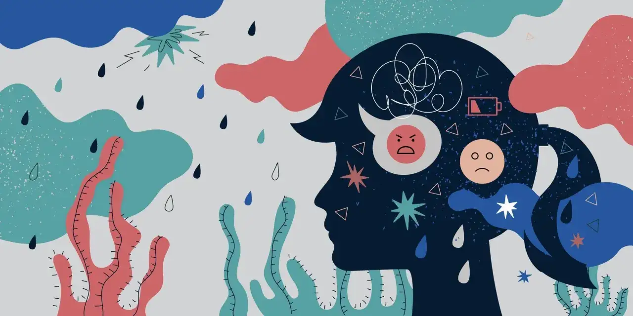 Silueta de cabeza con emociones en ingl&eacute;s: enfado, tristeza y bater&iacute;a baja. Gotas de lluvia y formas abstractas.