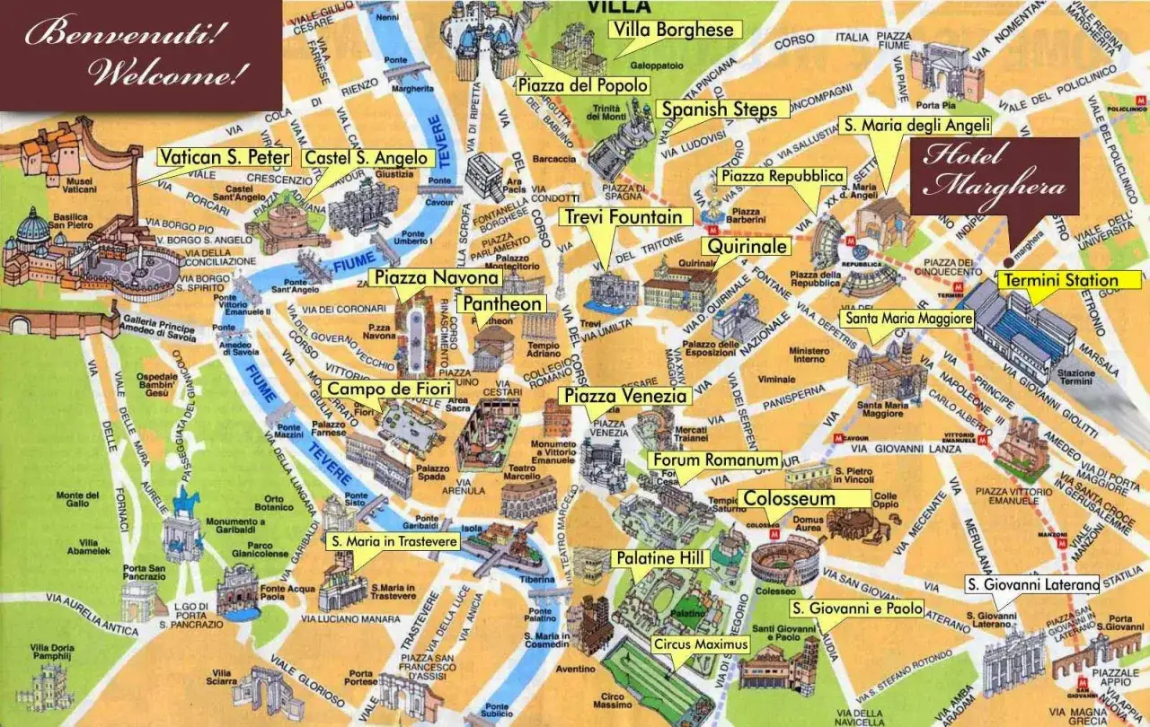 Mapa Rzymu z zaznaczonymi dzielnicami i atrakcjami turystycznymi