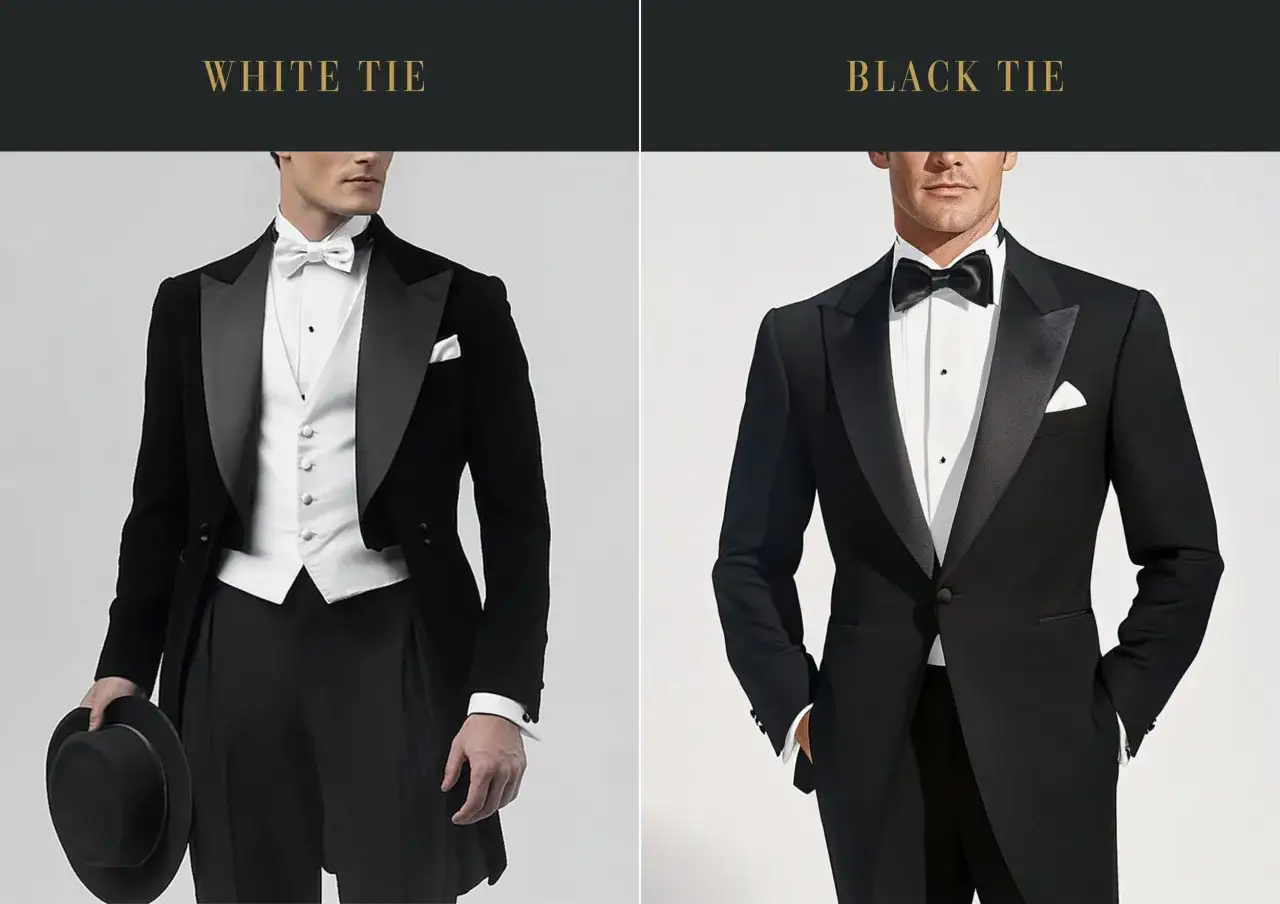 Zwei M&auml;nner in eleganten Anz&uuml;gen. Links ein Frack mit wei&szlig;er Weste und Fliege, rechts ein Smoking mit schwarzer Fliege. Beide Outfits sind perfekt f&uuml;r einen Anlass mit 