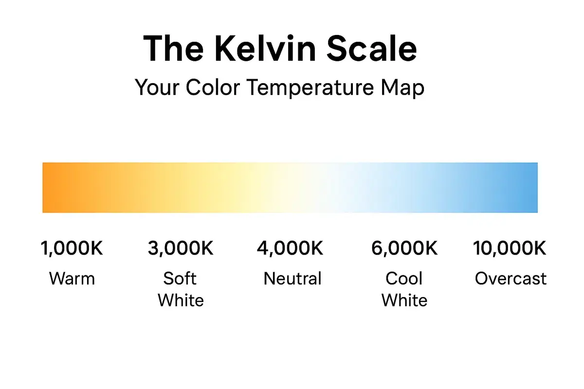 &Eacute;chelle Kelvin : une carte de la temp&eacute;rature lumi&egrave;re, du chaud (1000K) au froid (10000K).