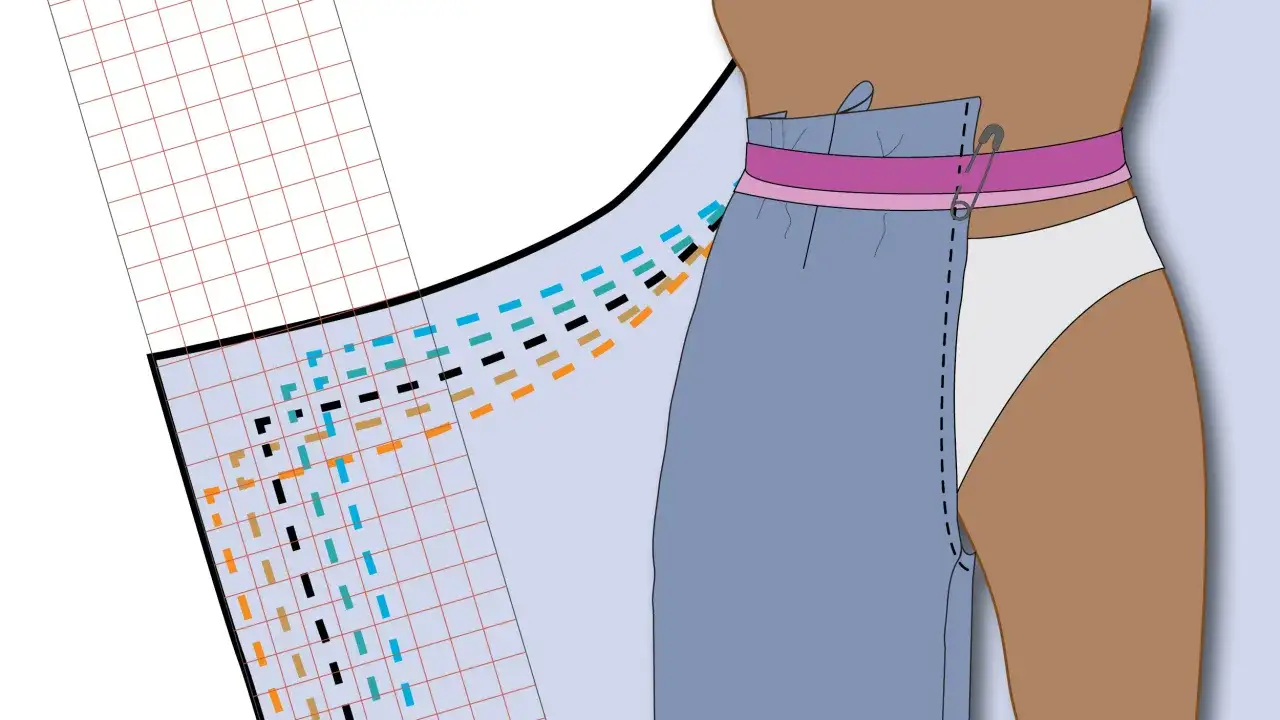 Illustration showing how to sew pants crotch. A pattern piece with grid and dashed lines is laid over a partial view of a person's lower body.
