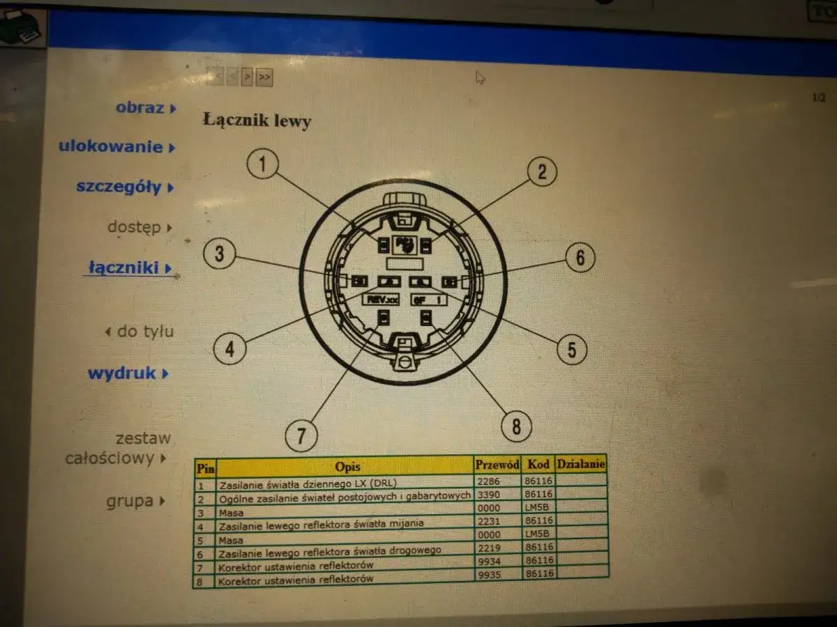 Schemat zasilania świateł tylnych w samochodzie, z numerowanymi pinami i opisem funkcji.