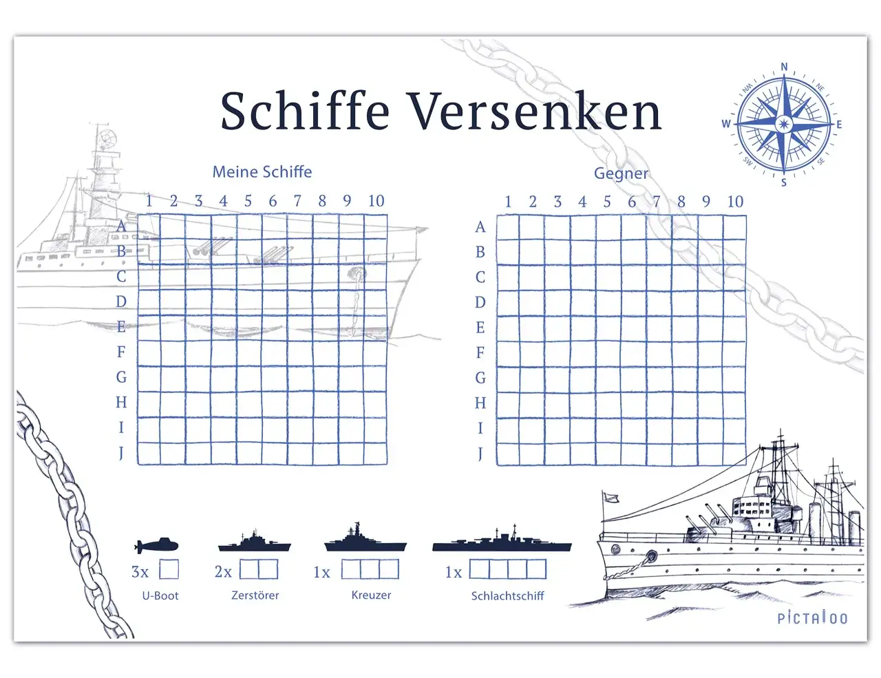 Spielbrett für Schiffe versenken mit zwei Spielfeldern, Schiffssymbolen und einem Kompass.