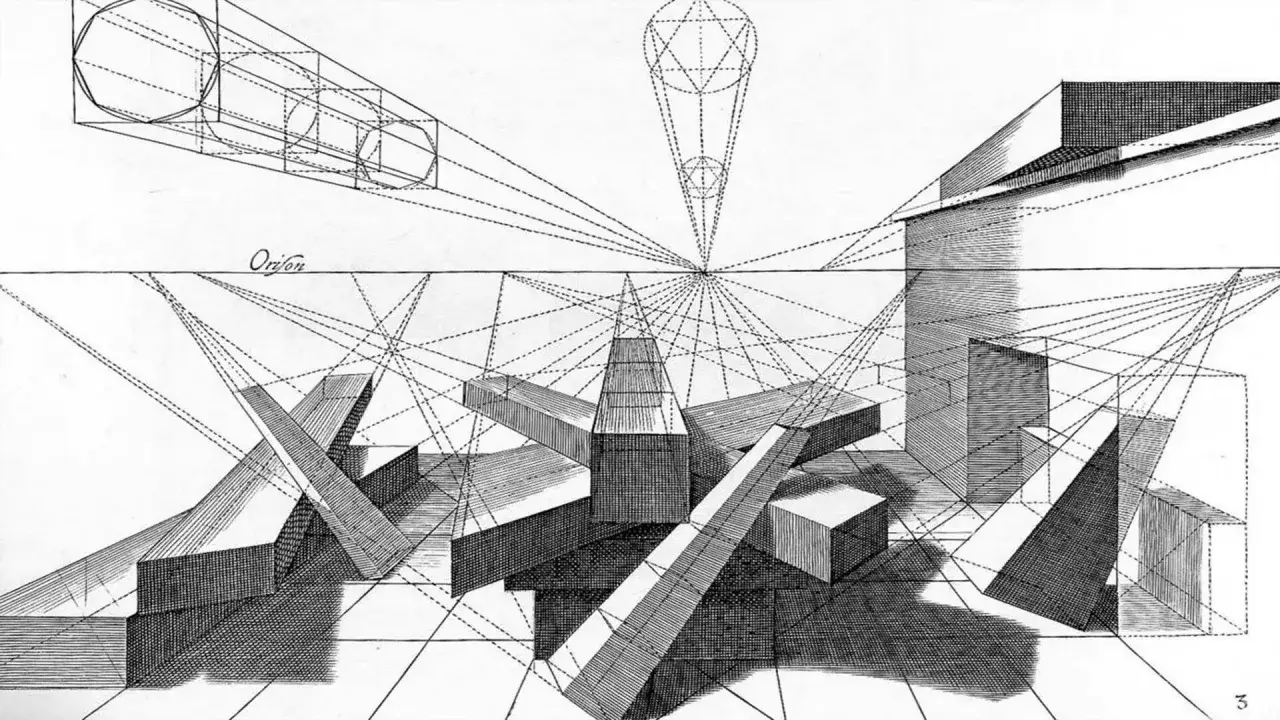 Ilustracja przedstawia geometryczne bryły i linie pomocnicze, demonstrujące r&oacute;żne rodzaje perspektyw.