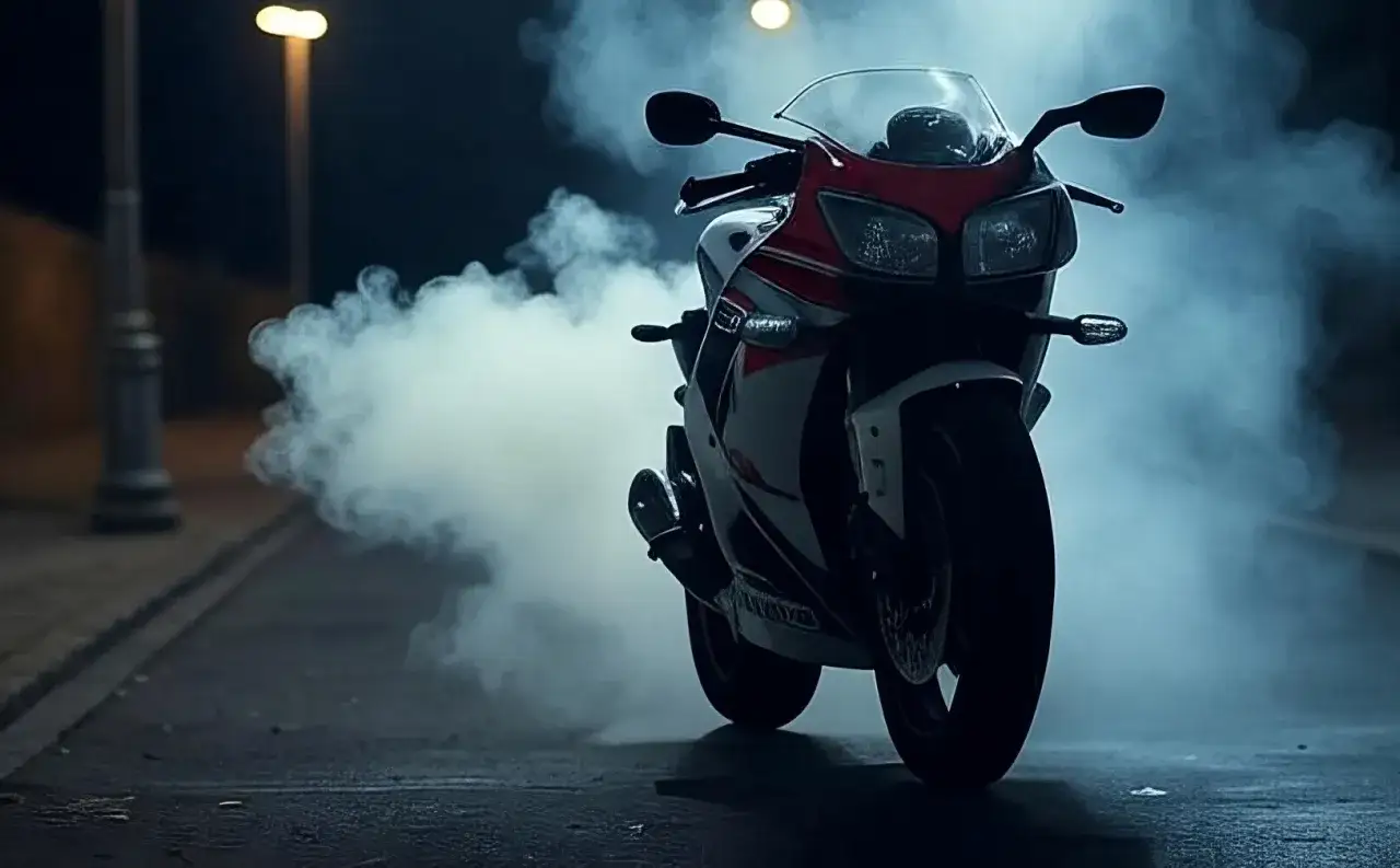 Mi moto echa humo blanco y huele a quemado. La luz de la calle ilumina la escena mientras el humo envuelve la motocicleta deportiva.