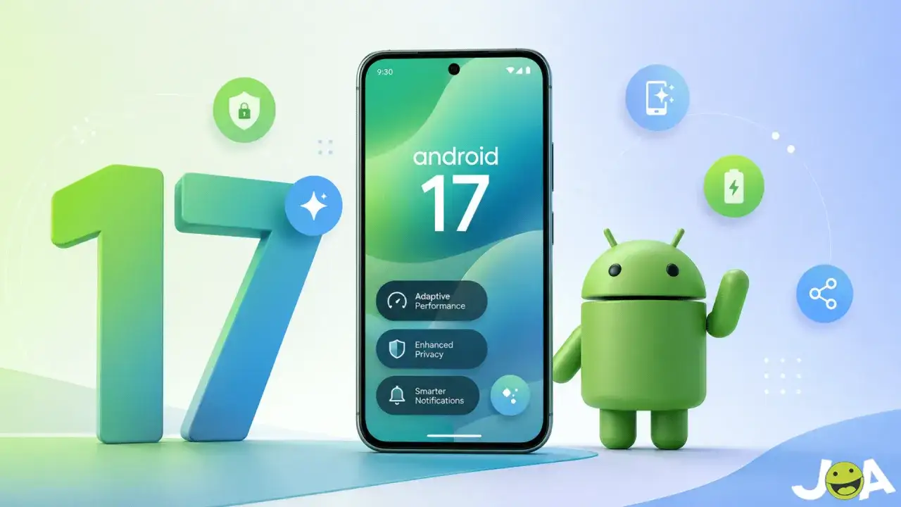 Android 17 z nowymi funkcjami: Adaptive Performance, Enhanced Privacy, Smarter Notifications. Zielony robot Android wita.