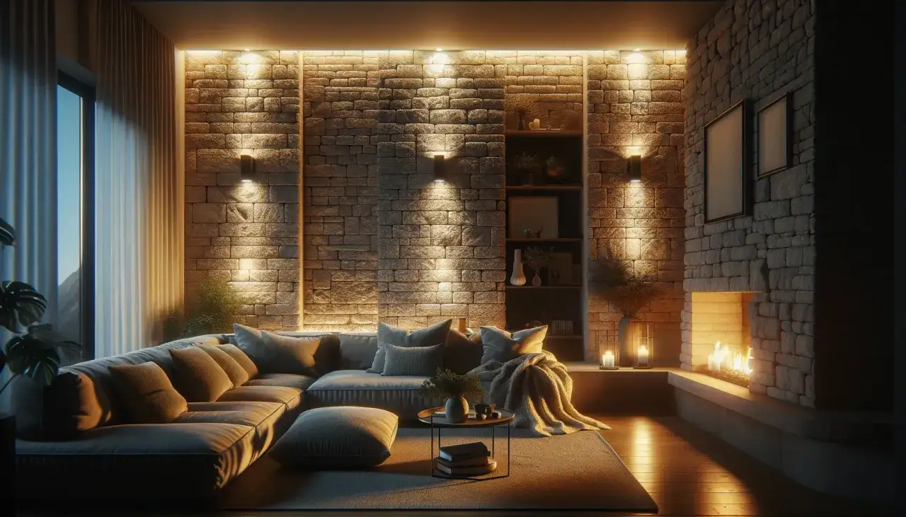 Sof&aacute; moderno junto a chimenea de piedra, con iluminaci&oacute;n c&aacute;lida que crea un ambiente acogedor. Los **l&uacute;menes por m2** resaltan la textura de la pared.