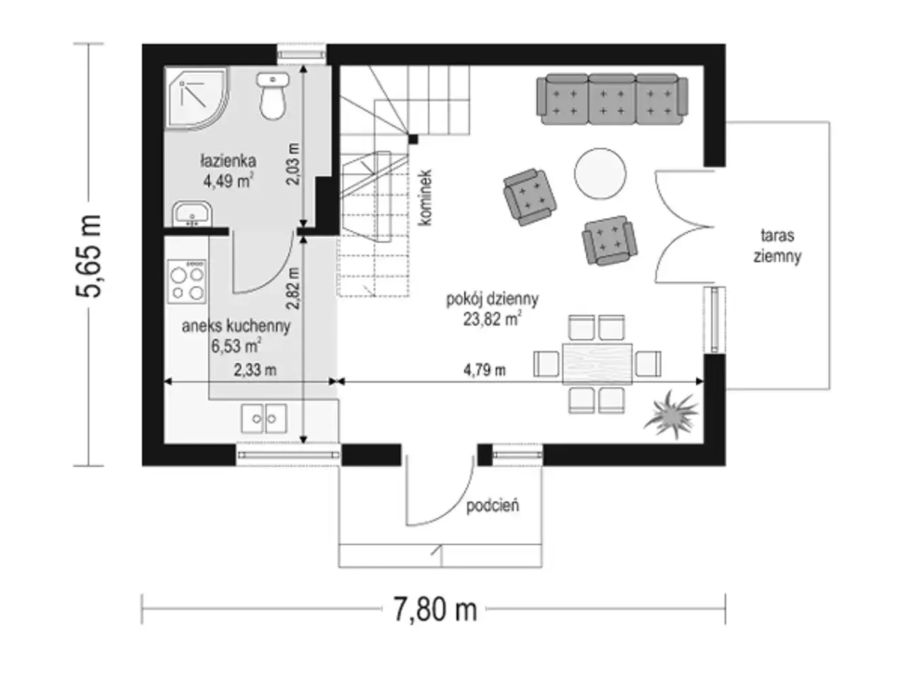Rzut parteru projektu domu Sosenka: salon z aneksem kuchennym, łazienka, taras. Wymiary 7,80 x 5,65 m.