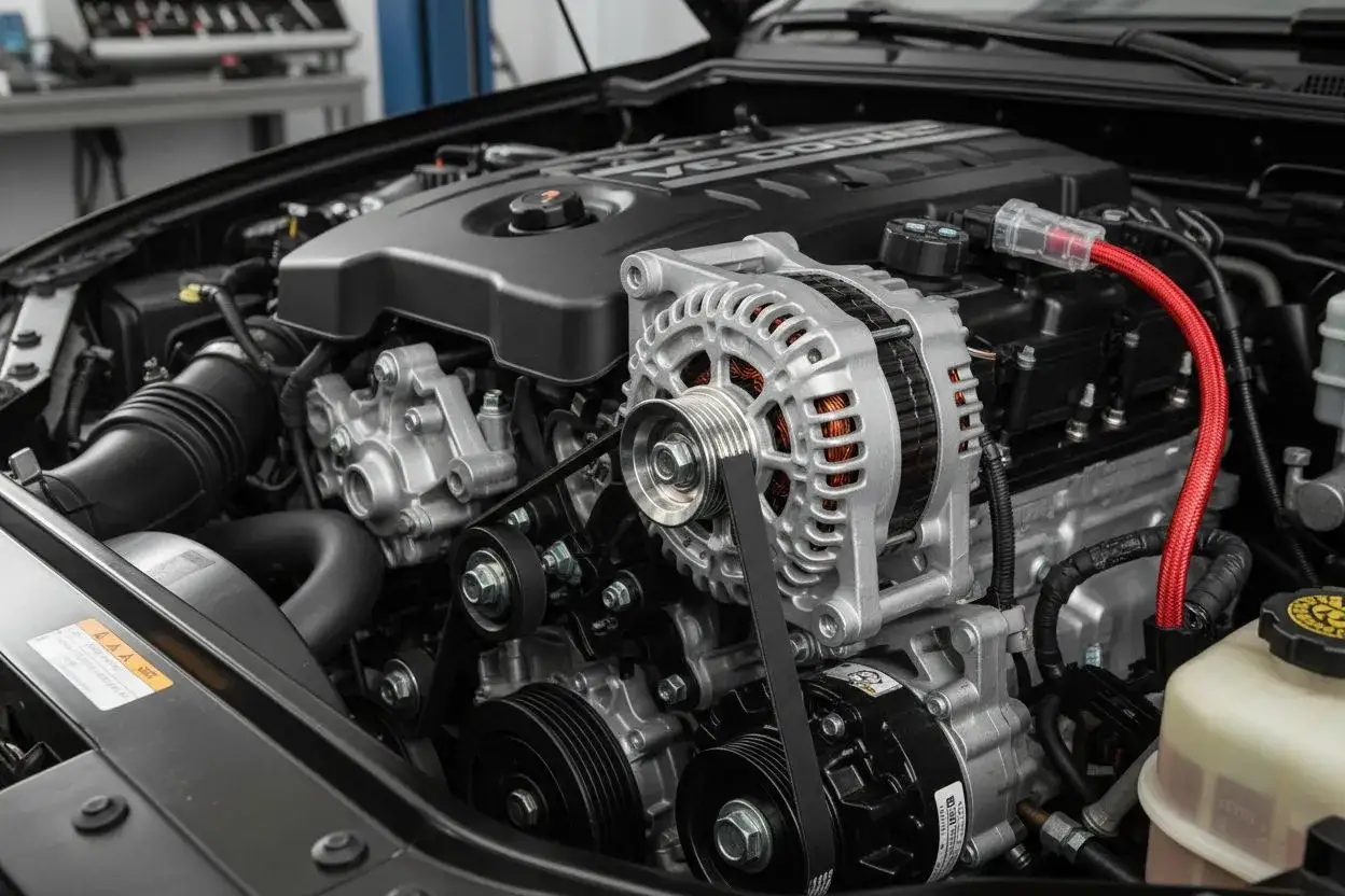 Gros plan sur un alternateur qui fume dans un compartiment moteur. Le syst&egrave;me de courroies est visible, ainsi que des composants du moteur V6.