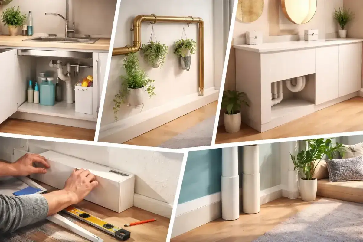 Des solutions astucieuses pour cacher des tuyaux disgracieux sous un &eacute;vier, derri&egrave;re un meuble de salle de bain, ou le long d'un mur avec des plantes.
