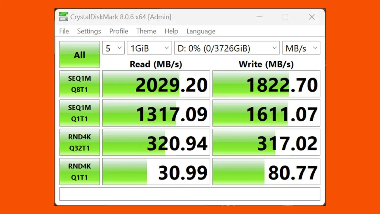 Wyniki testu dysku Samsung Magician w CrystalDiskMark: odczyt 2029 MB/s, zapis 1822 MB/s.