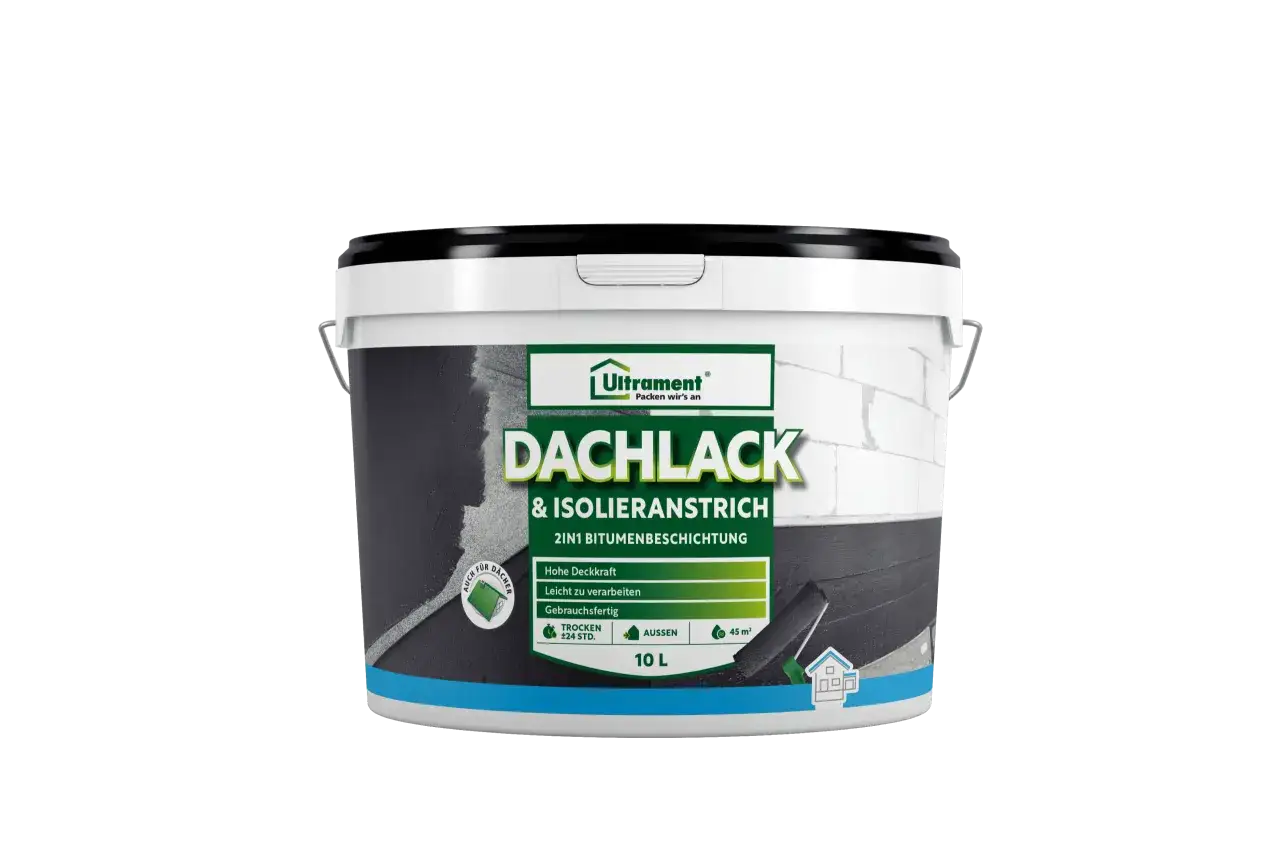 Ultrament Dachlack & Isolieranstrich: 10 L Eimer. Trocknungszeit ca. 24 Std. für Außenanwendung.