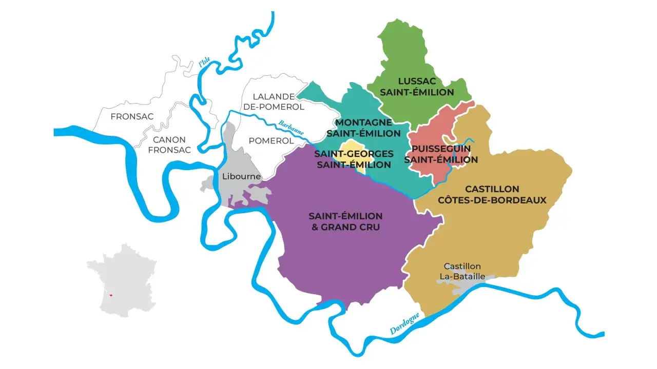 Carte des appellations de Saint-&Eacute;milion, incluant les 4 grand cru class&eacute; Saint-&Eacute;milion.