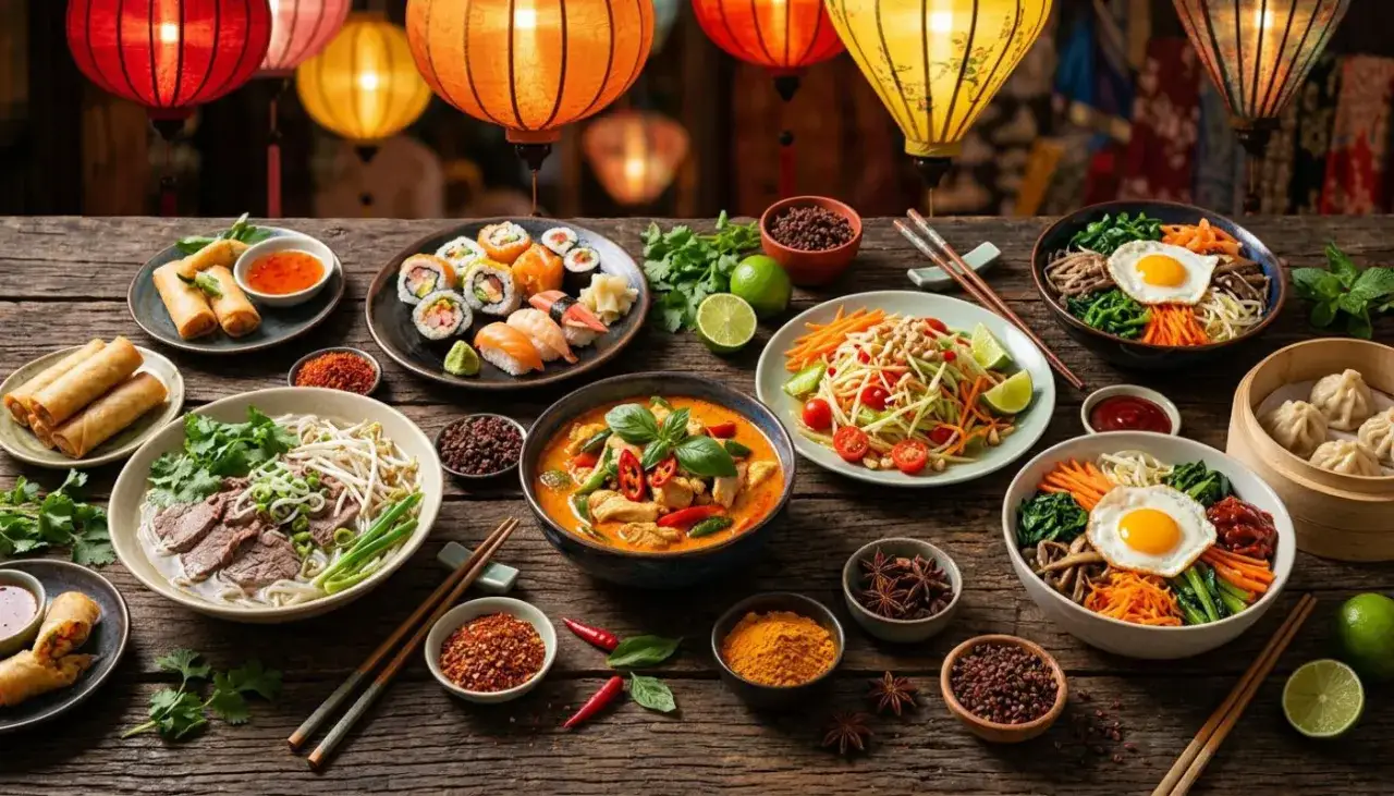 Bogactwo smak&oacute;w kuchni azjatyckiej: sushi, sajgonki, zupy, sałatki i dania z ryżem.