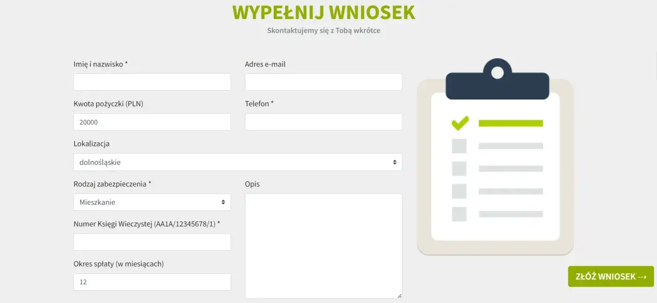 Formularz wniosku o pożyczkę: dane osobowe, kwota 20000 PLN, lokalizacja dolnośląskie, zabezpieczenie mieszkanie, numer księgi wieczystej, okres spłaty 12 miesięcy. Ikona listy zadań.