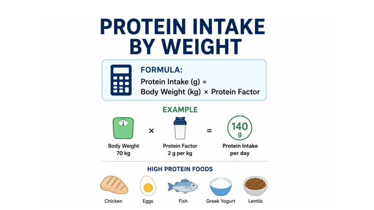 Beräkna ditt dagliga proteinintag: formel och exempel visar hur många gram protein per kg du behöver. Exempel: 70 kg kroppsvikt x 2 g protein per kg = 140 g.