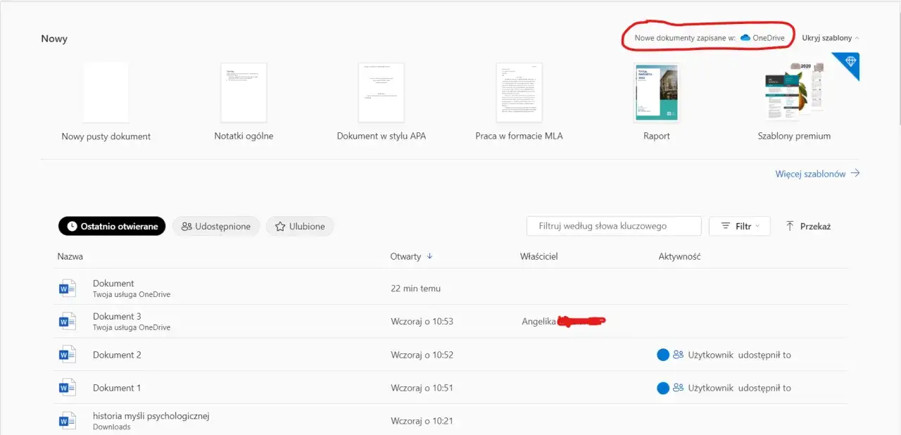 Nowe dokumenty zapisane w OneDrive. Jeśli chcesz wiedzieć, jak wyłączyć OneDrive, sprawdź ustawienia synchronizacji.