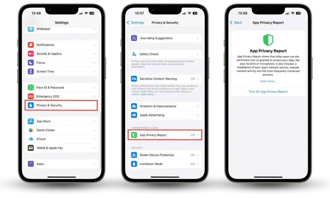 Zarządzanie uprawnieniami aplikacji na iPhonie: Ustawienia > Prywatność i bezpieczeństwo > Raport prywatności aplikacji.