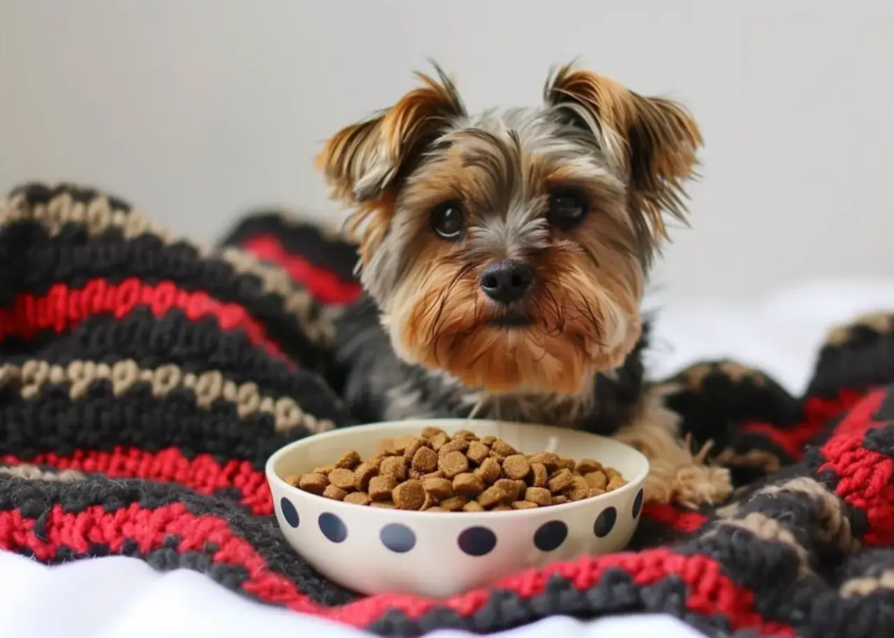 Mały piesek Yorkshire Terrier czeka na jedzenie. Zastanawiasz się, ile powinien jeść pies 5 kg?