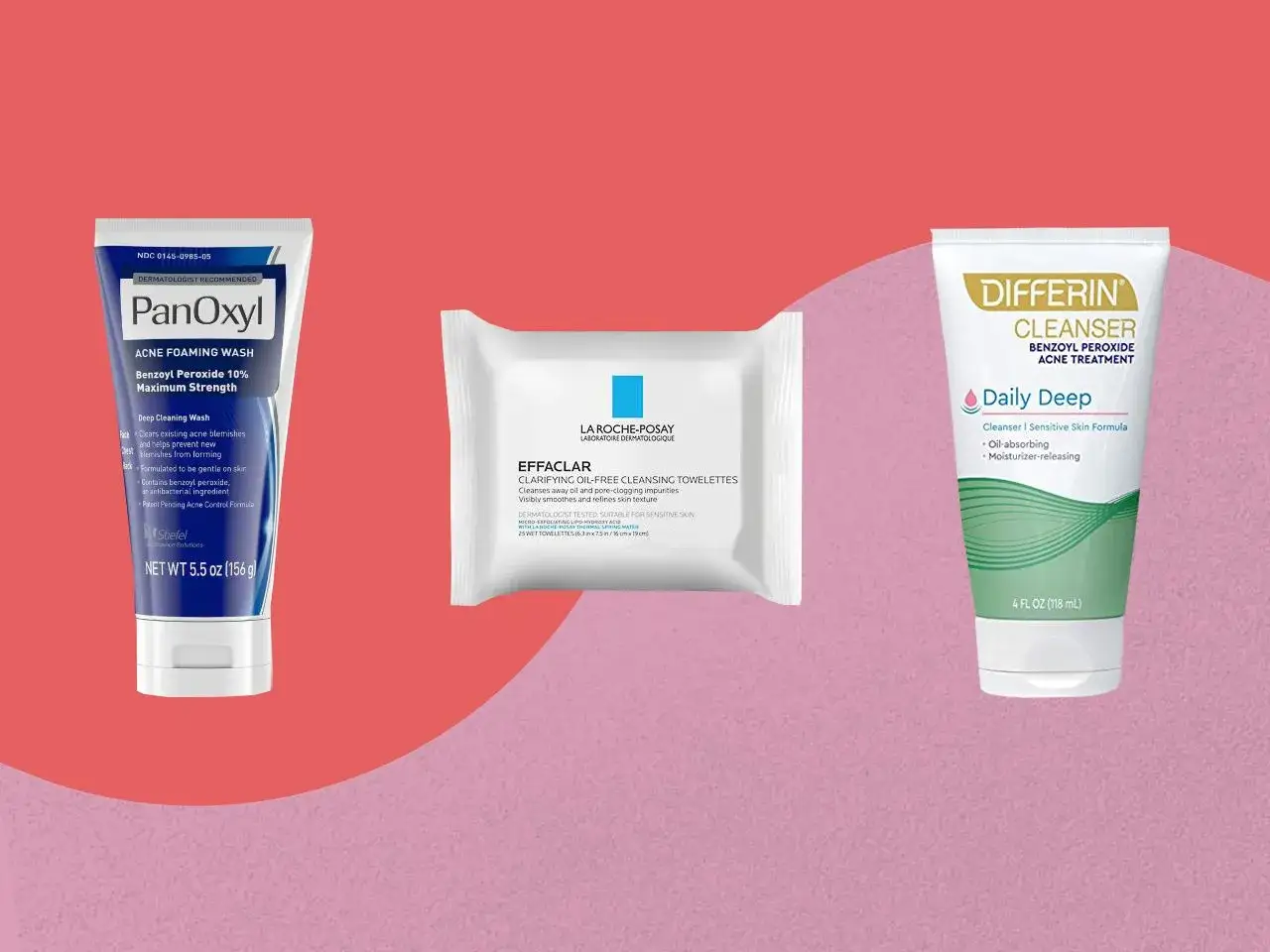 Produkty do walki z trądzikiem na plecach: PanOxyl, La Roche-Posay Effaclar i Differin.