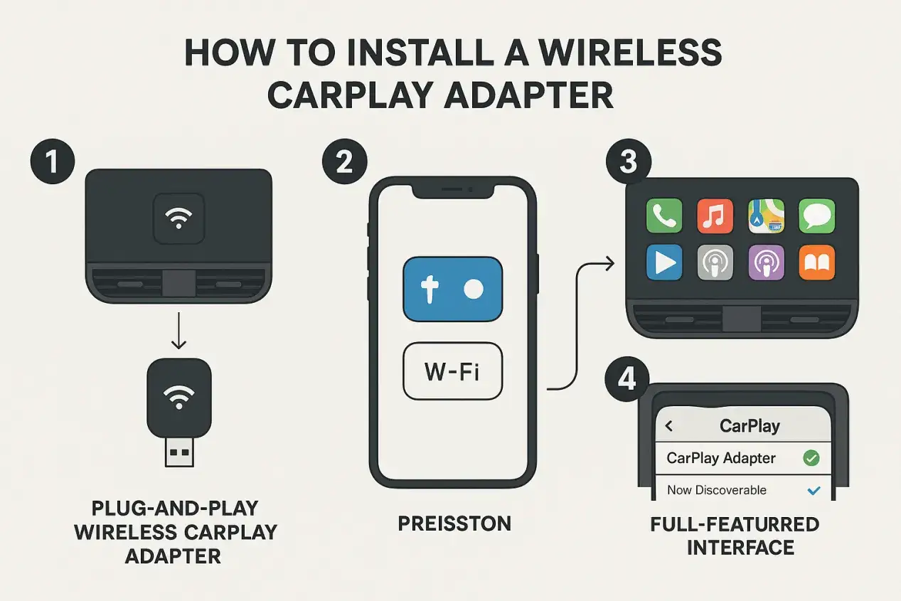 Instrukcja jak połączyć telefon z autem przez adapter CarPlay: podłącz urządzenie, włącz Wi-Fi na telefonie, połącz się z adapterem, a następnie zobaczysz interfejs CarPlay.